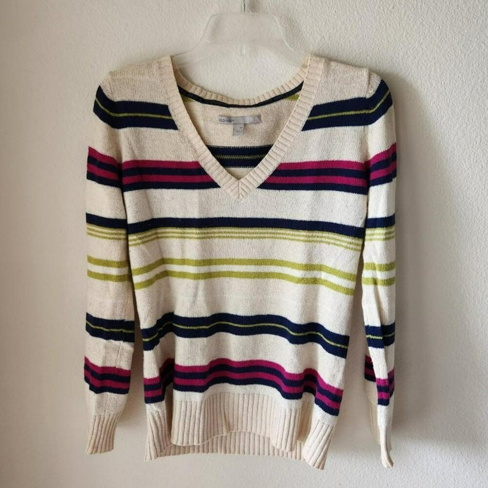 Vintage Y2K Wool Sweater Striped Cream Color Women Size M